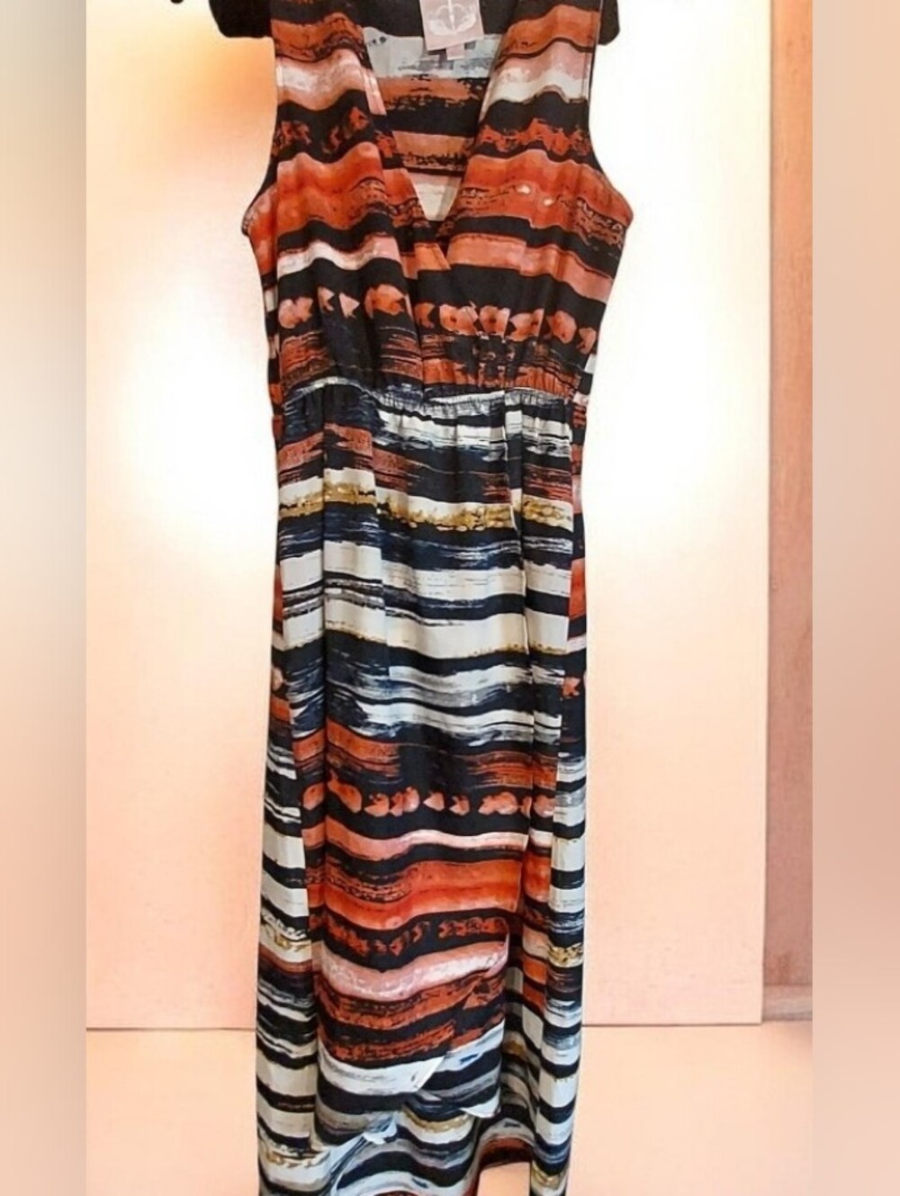 Romeo & Juliet Couture Striped V-Neck Maxi Dress in Rust, Black & White